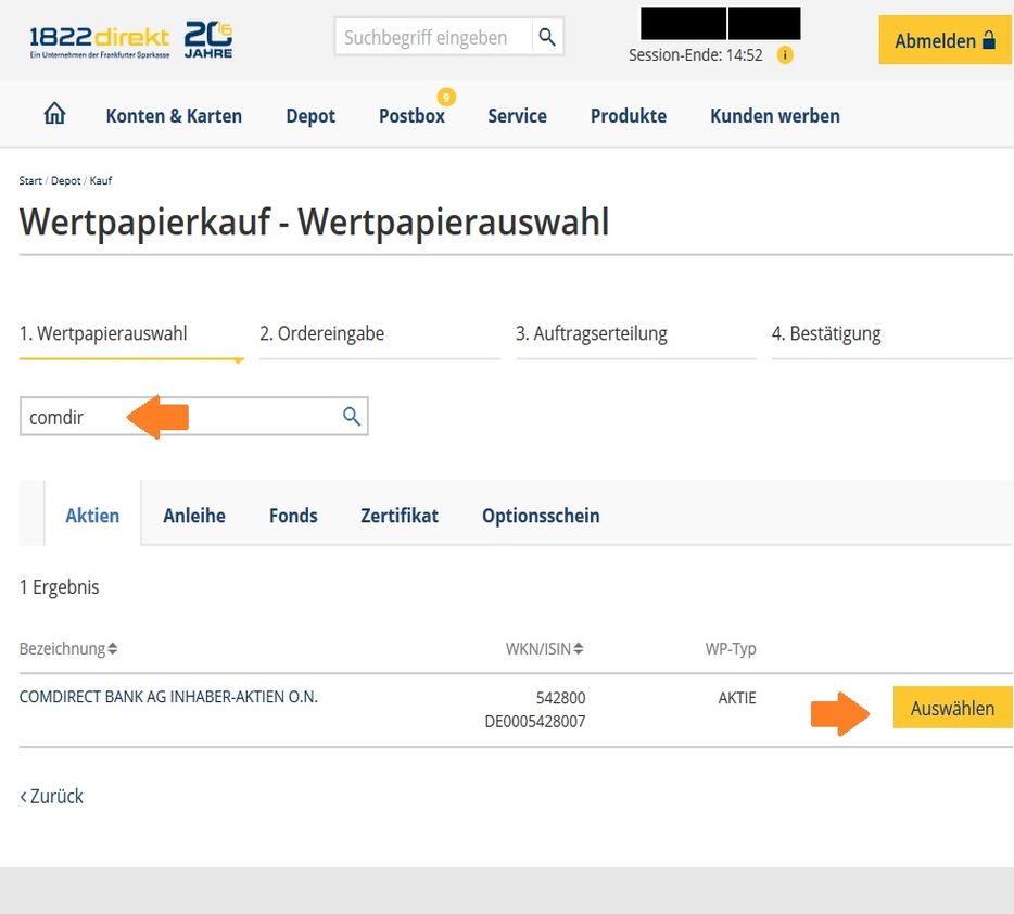 1822direkt Wertpapierauswahl