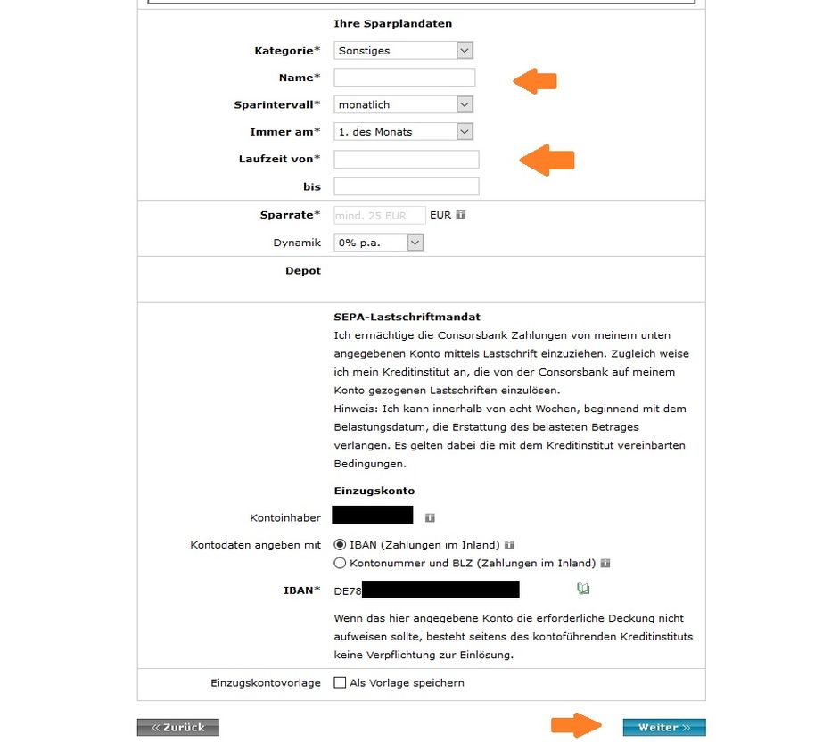 Neuen Sparplan verbindlich anlegen