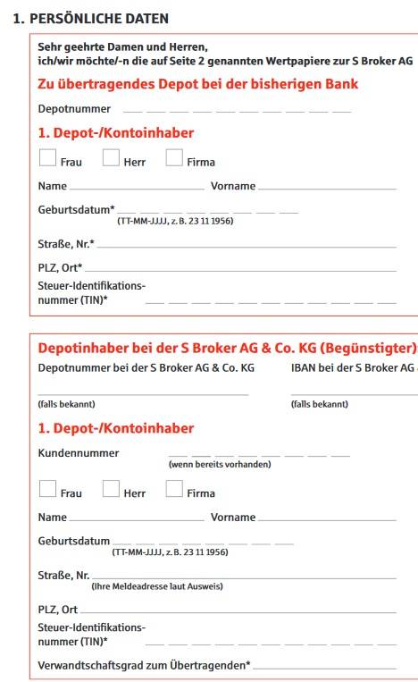 Auszug aus dem  SBroker Antrag zum Depotübertrag