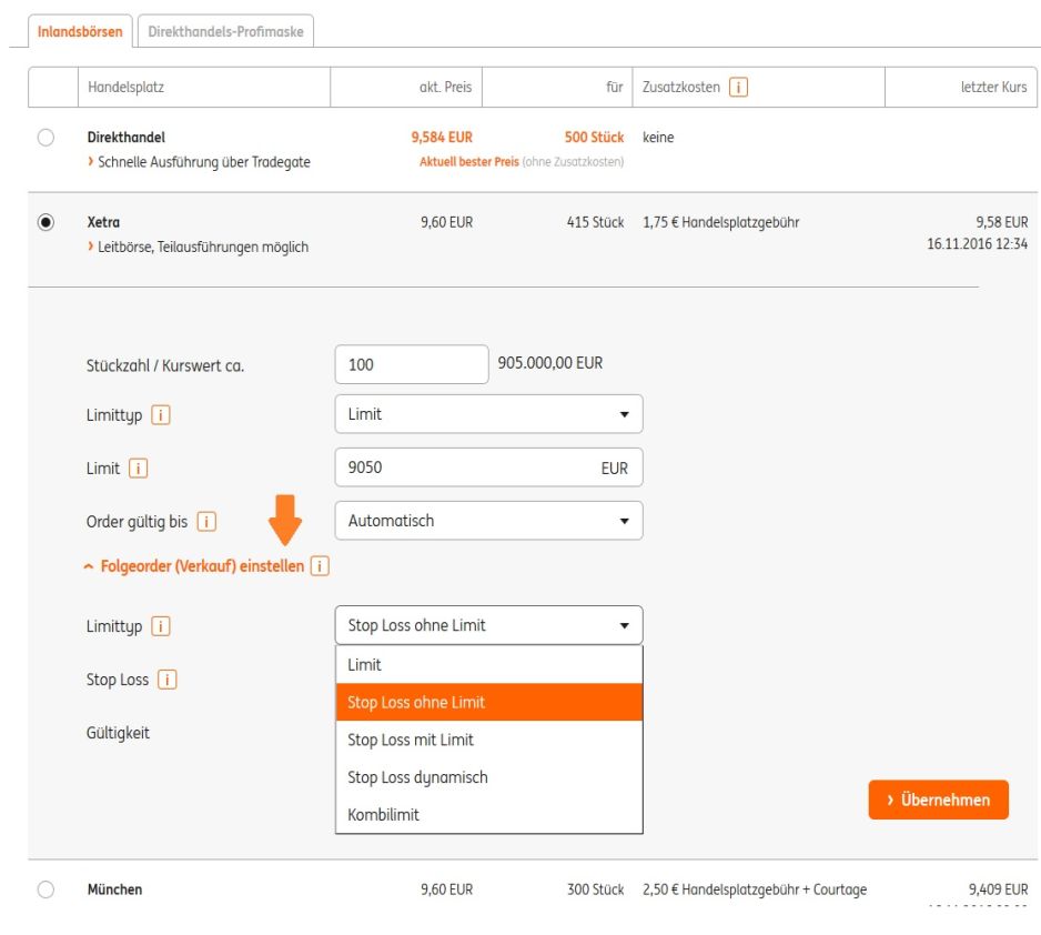 Stop Loss direkt beim Kauf setzen