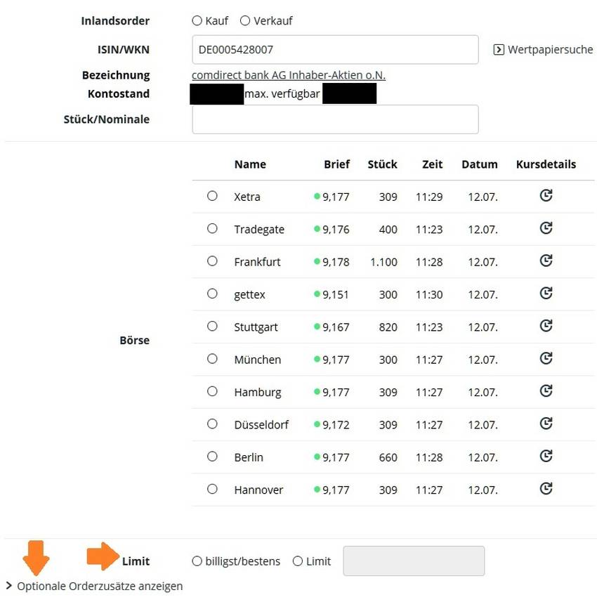 Handelsplatzauswahl und Orderaufgabe