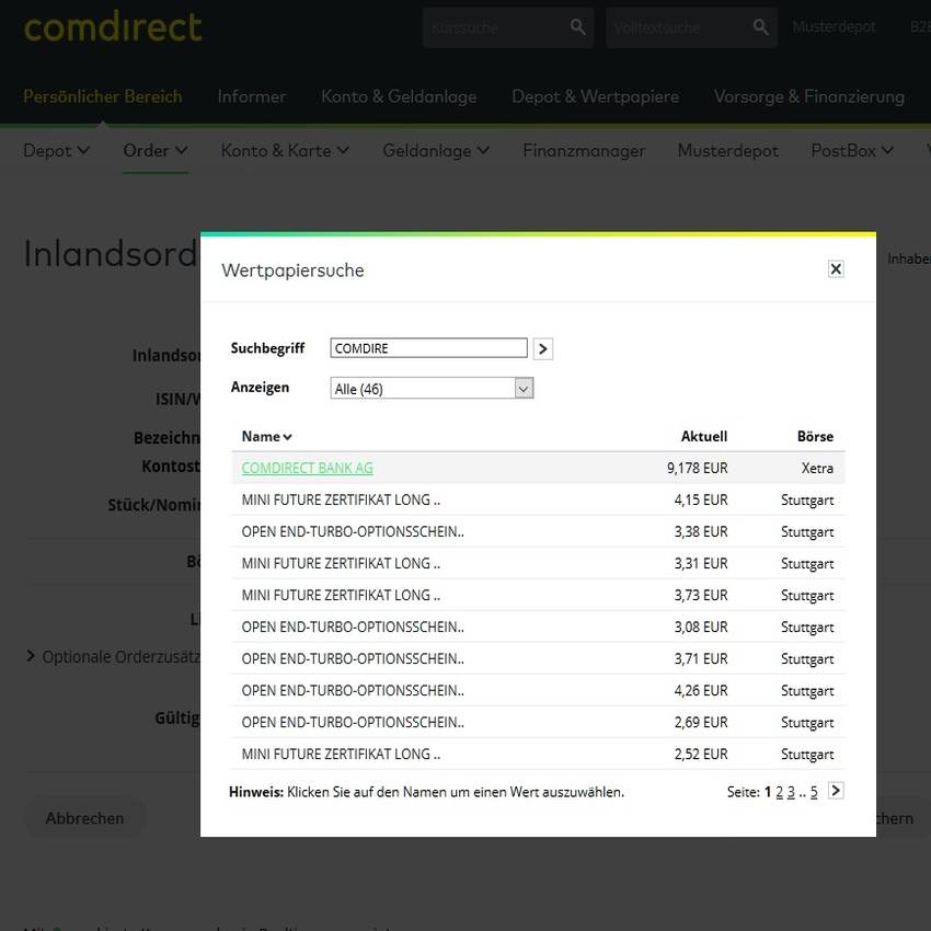 Wertpapiersuche bei der comdirect